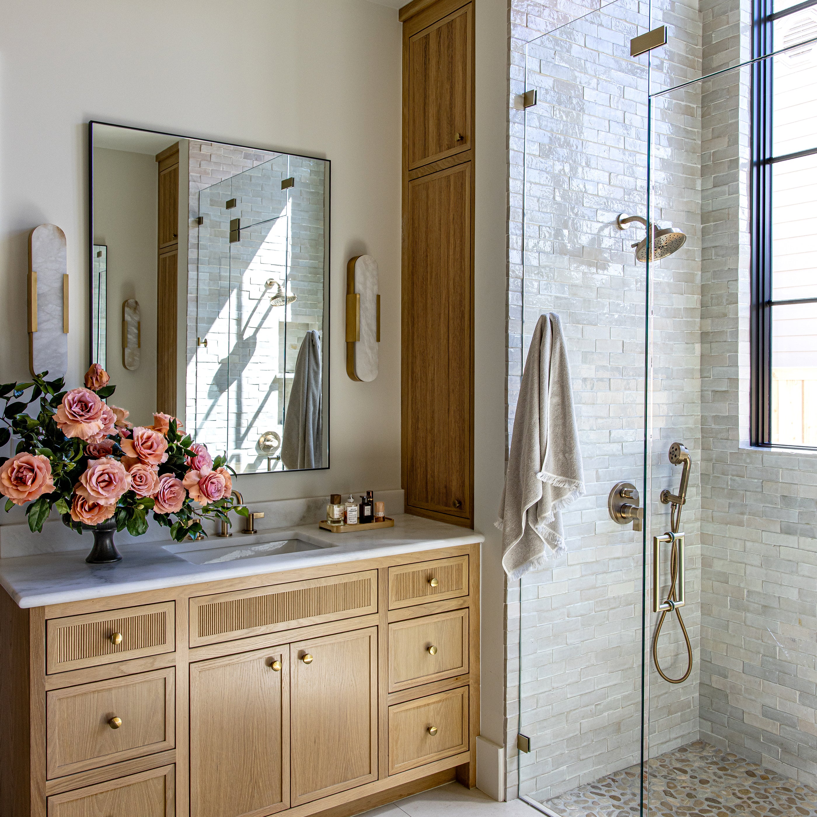 Snow White 2x6 Thin Bejmat Zellige Tile-Solids,Zellige Tile, installed on shower walls in bathroom-Riad Tile