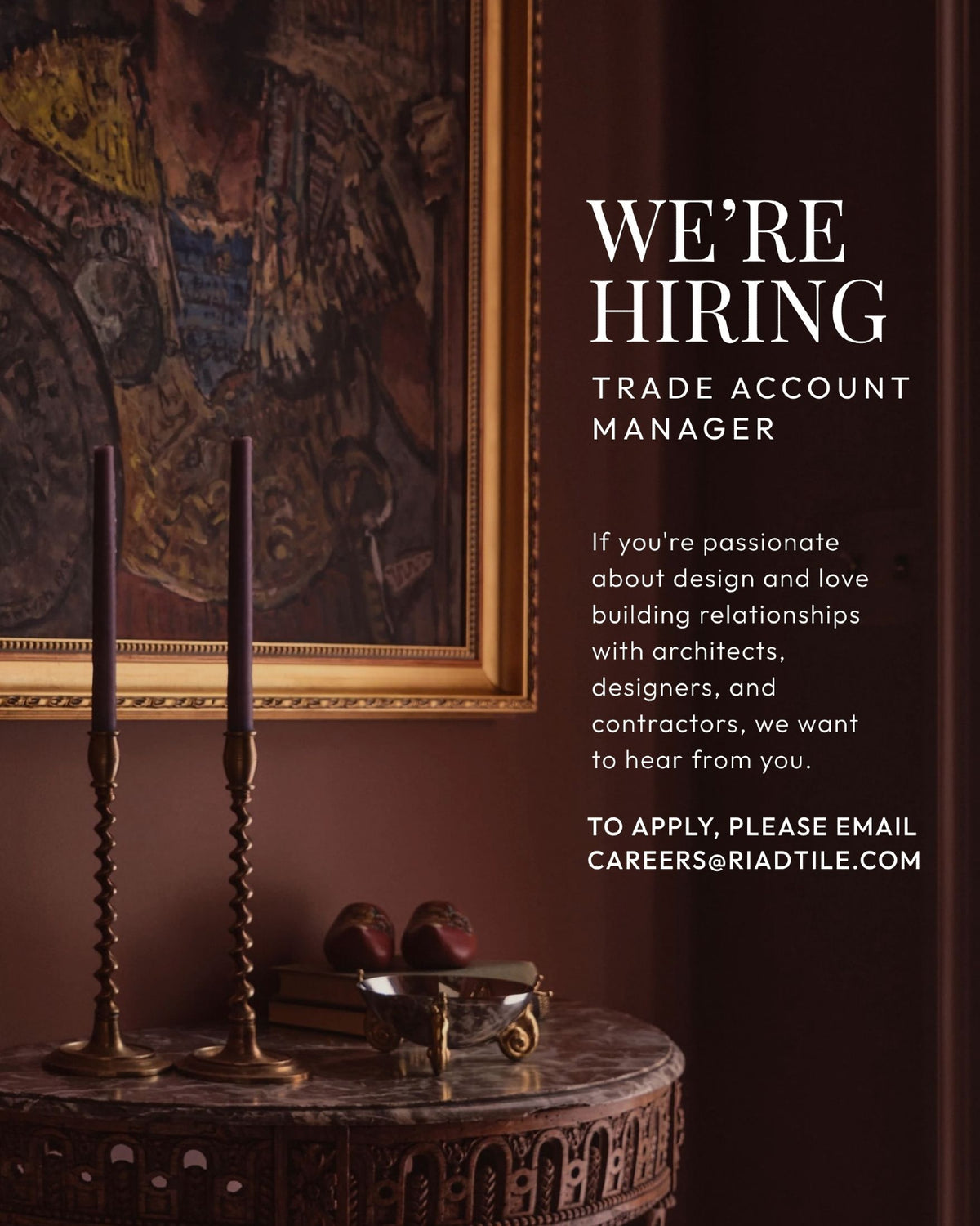 We're growing! Riad Tile is looking for a Trade Account Manager to join our team. If you're passionate about design, love building relationships with architects, designers, and contractors, and want to be part of a fast-growing luxury tile company, we want to hear from you. Know someone who'd be a great fit? Tag them below or send this their way. Applicants: Please submit your resume and cover letter to careers@riadtile.com.
