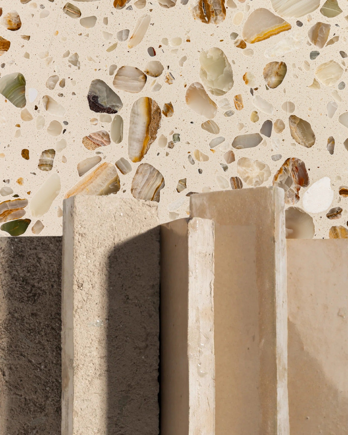 Feel that? Set the mood, then build the room. Warm tones, tactile surfaces and a little shine take it from feeling to fully realized.

Tile: Glazed Clay 2x6 Thin Bejmat Zellige Tile, Rolling Stone 24x24 Venezia Terrazzo Tile
Design/Photo: @villastino (image 2)