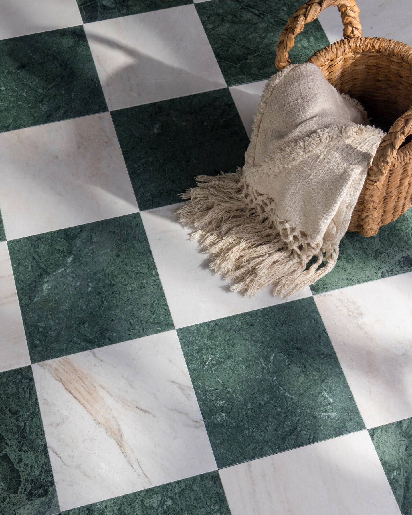 Emerald green marble worthy of following the yellow brick road. Monte Verde Marble brings a transportive twist to a timeless checkerboard.

Tile: Casablanca Gold & Monte Verde 12x12 Marble | Honed - Checkerboard Bundle