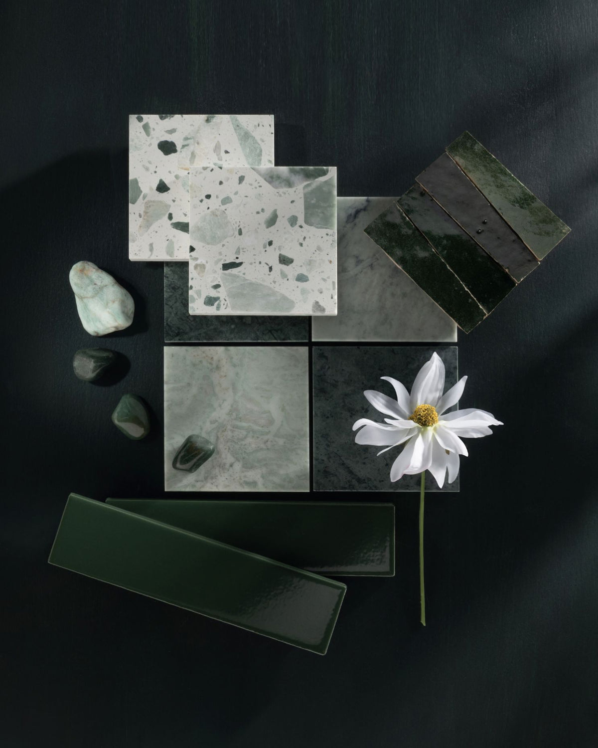 A little green goes a long way. We prefer a lot. Glossy glaze, veined stone, a little terrazzo. No need to pick just one.

Tile: Green River 2x8 Flat Ceramic Tile | Matte, Mint Verde 4x4 Venezia Terrazzo Tile, Monte Verde 4x4 Marble Tile | Honed, Mint Green 4x4 Marble,  Tile | Honed, Emerald Green 1x4 Trapezoid Mosaic Zellige Tile