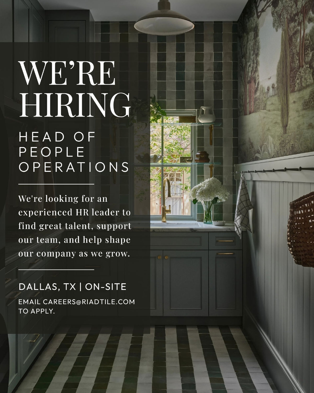 Riad Tile is hiring a Head of People Operations! We're looking for an experienced, hands-on HR leader who loves finding great talent, helping our people grow, and being someone our team can count on.

You'll own the people function, working directly with leadership and staying close to the everyday needs of our team. That means navigating the tricky conversations with care and good judgment, celebrating the wins, and building thoughtful processes as we grow.

This role is based at our Dallas headquarters, a