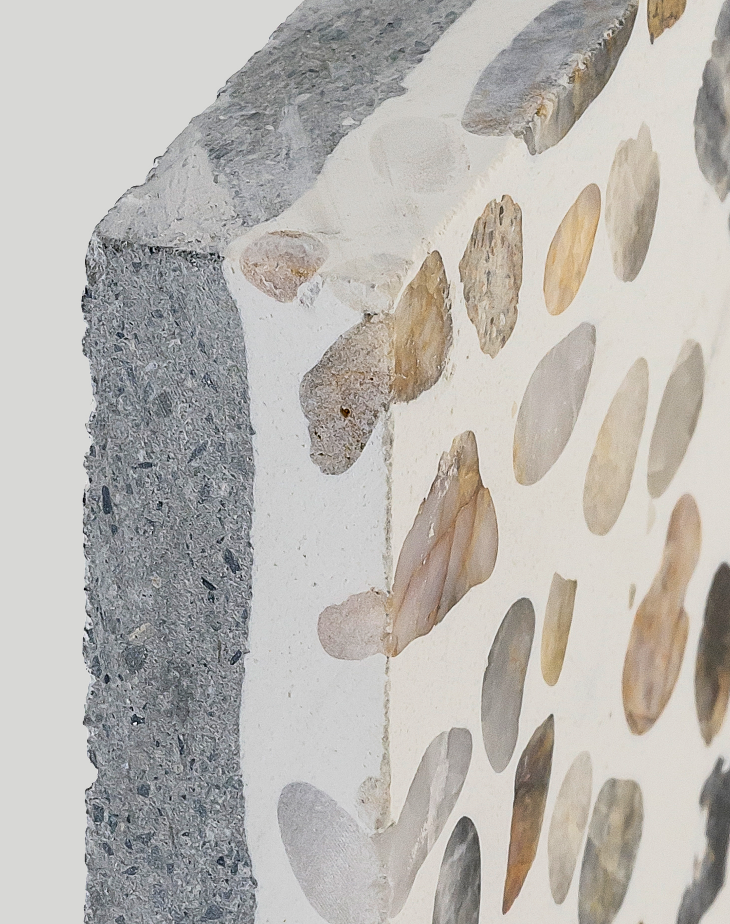 close up of cement backed terrazzo tile