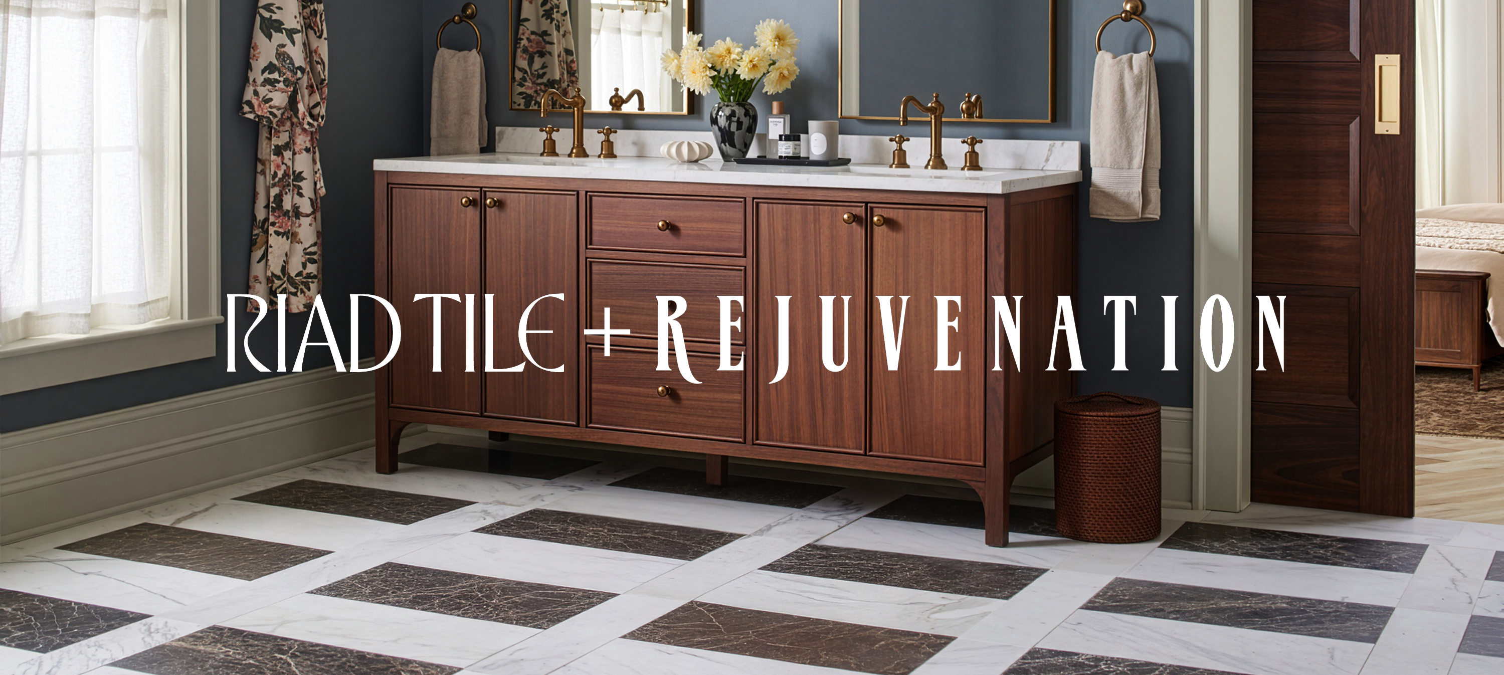 Bathroom with wooden vanity and checkered floor, featuring 'RiadTile Rejuvenation' branding.