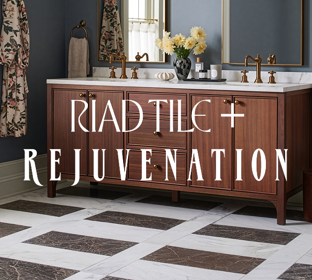 Bathroom vanity with wooden cabinets, marble countertop, and decorative elements with 'RIAD TILE + REJUVENATION' text.