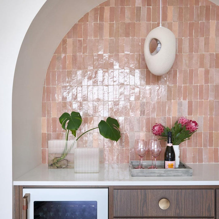 Blush 2x6 Thin Bejmat Zellige Tile,Solids, installed as backsplash in bar nookTile-Riad Tile